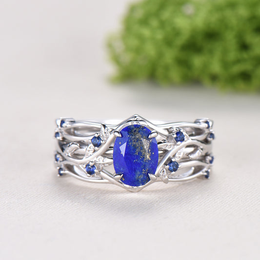 Nature Inspired Lapis Lazuli Wedding Ring Set Elegant Twig Engagement Ring Cluster Sapphire Branch Promise Ring Blue Stone Anniversary Ring - PENFINE