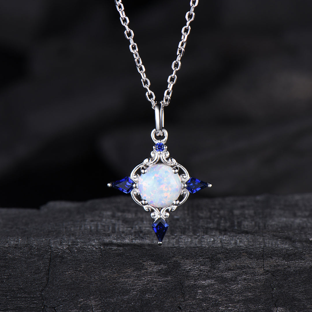 Celtic Knot Opal Pendant Necklace, 14K Rose Gold, Sapphire Accents - PENFINE