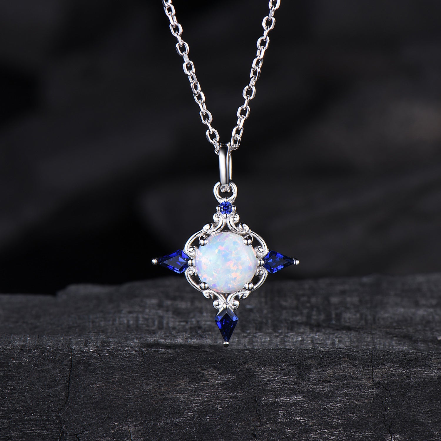 Celtic Knot Opal Pendant Necklace, 14K Rose Gold, Sapphire Accents - PENFINE