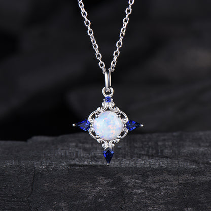 Celtic Knot Opal Pendant Necklace, 14K Rose Gold, Sapphire Accents - PENFINE