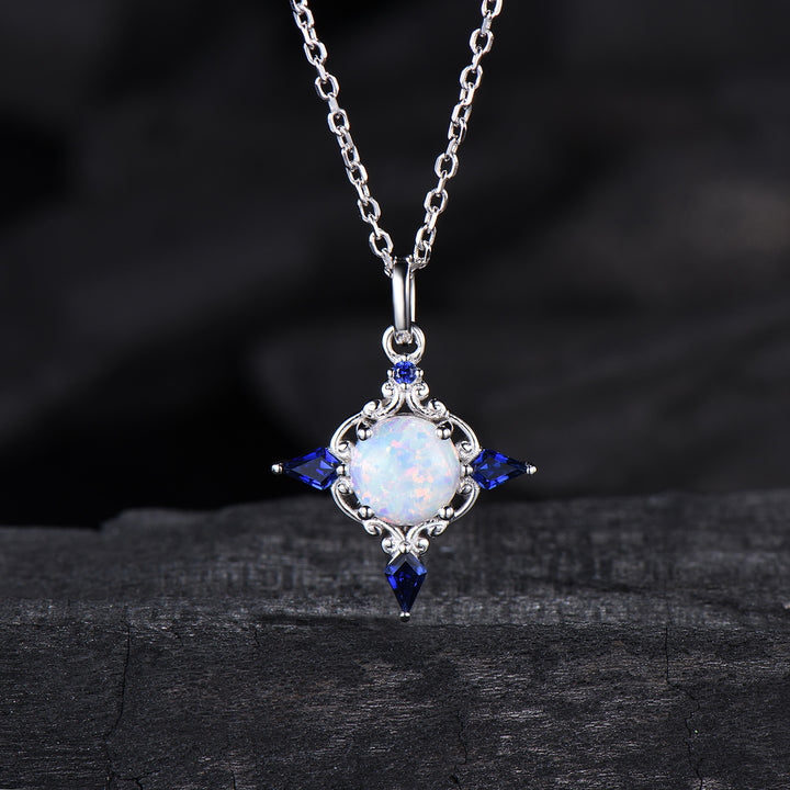 Celtic Knot Opal Pendant Necklace, 14K Rose Gold, Sapphire Accents - PENFINE