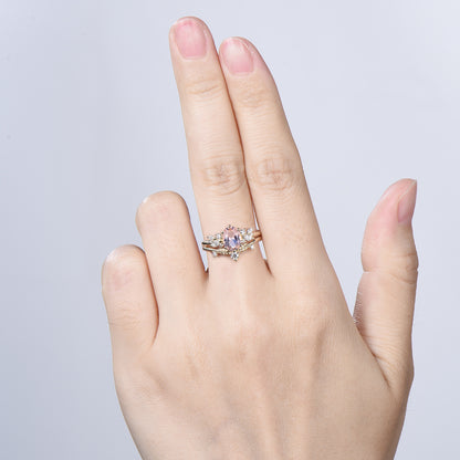 Oval Morganite Wedding Ring Set Rose Gold Morganite Diamond Engagement Ring Set Vintage Leaf Stacking Ring Natural Inspired Promise Ring