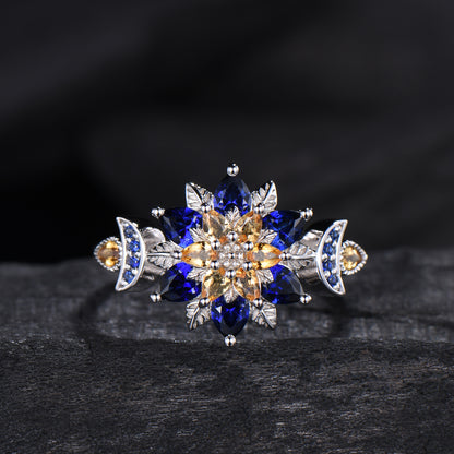 Celestial Sun and Moon Engagement Ring | Sapphire & Citrine Floral Mandala - PENFINE