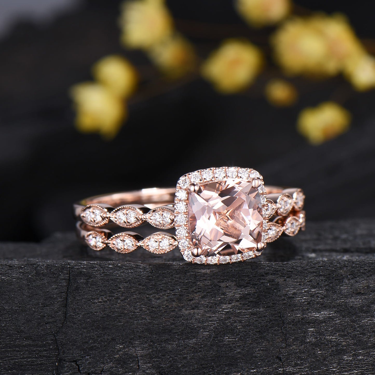 Cushion Cut Natural Morganite Engagement Ring Diamond Halo Bridal Set