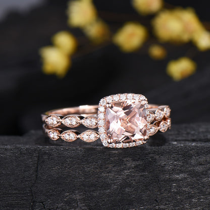 Cushion Cut Natural Morganite Engagement Ring Diamond Halo Bridal Set