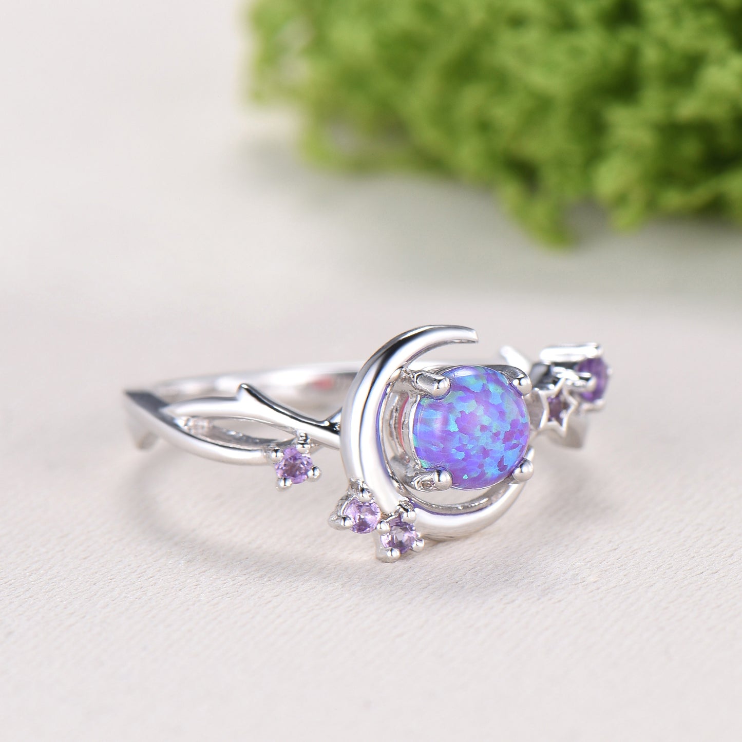 Dainty star purple opal ring 5mm round fire opal moon engagement ring elegant art deco wedding ring for women unique handmade proposal gift - PENFINE