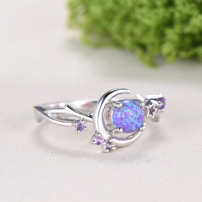 Dainty star purple opal ring 5mm round fire opal moon engagement ring elegant art deco wedding ring for women unique handmade proposal gift - PENFINE