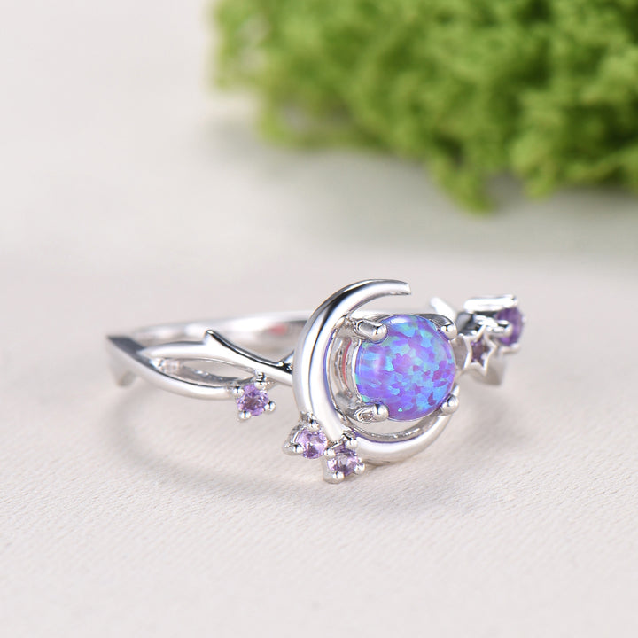 Dainty star purple opal ring 5mm round fire opal moon engagement ring elegant art deco wedding ring for women unique handmade proposal gift - PENFINE