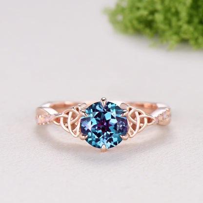 Celtic Knot Round Cut Alexandrite Engagement Ring Unique Norse Viking Fire Opal infinity Wedding Ring Spilt Shank Anniversary Promise Gifts