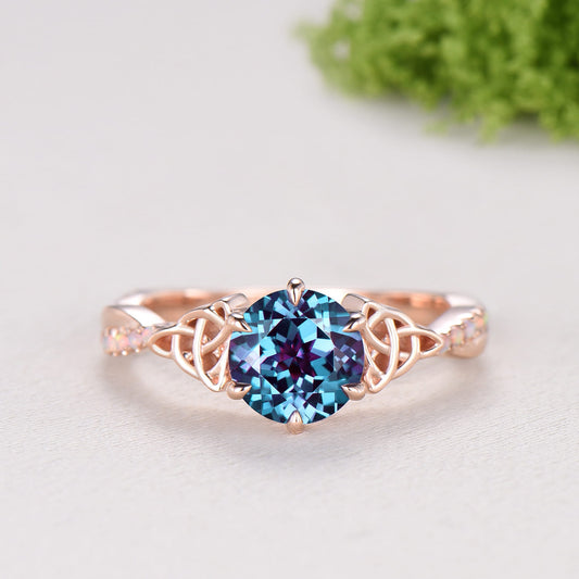 Celtic Knot Round Cut Alexandrite Engagement Ring Unique Norse Viking Fire Opal infinity Wedding Ring Spilt Shank Anniversary Promise Gifts