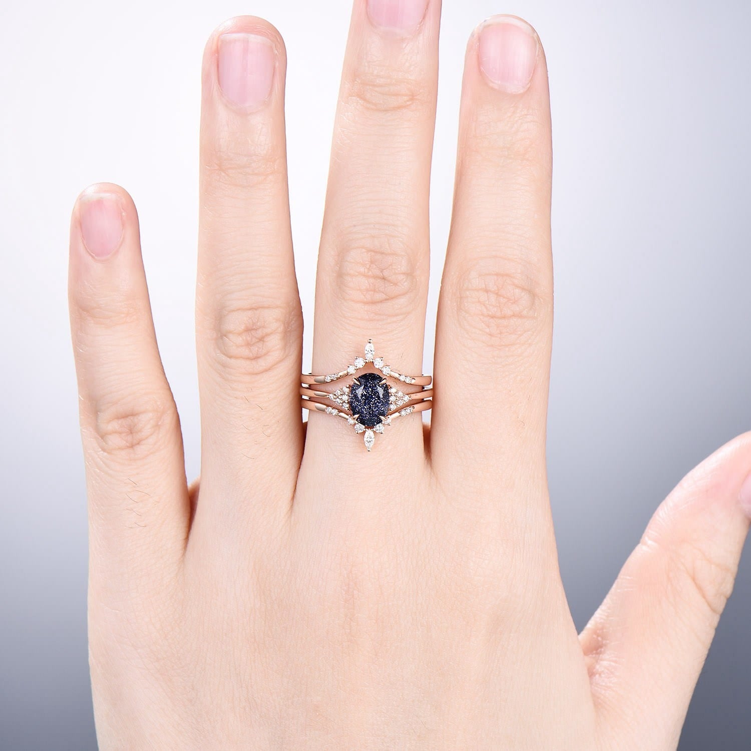 Unique Oval blue sandstone engagement ring set cluster moissanite  wedding ring set vintage double curved diamond stacking band for women - PENFINE