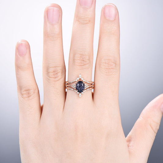 Unique Oval blue sandstone engagement ring set cluster moissanite wedding ring set vintage double curved diamond stacking band for women - PENFINE