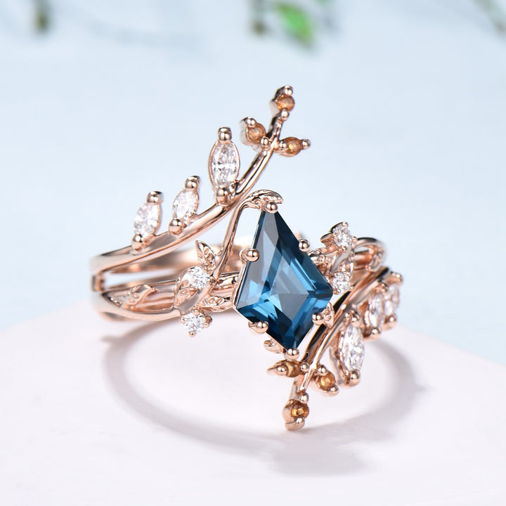 Unique gothic kite cut London blue topaz engagement ring set cluster diamond engagement ring leaf vine nature inspired citrine wedding set - PENFINE