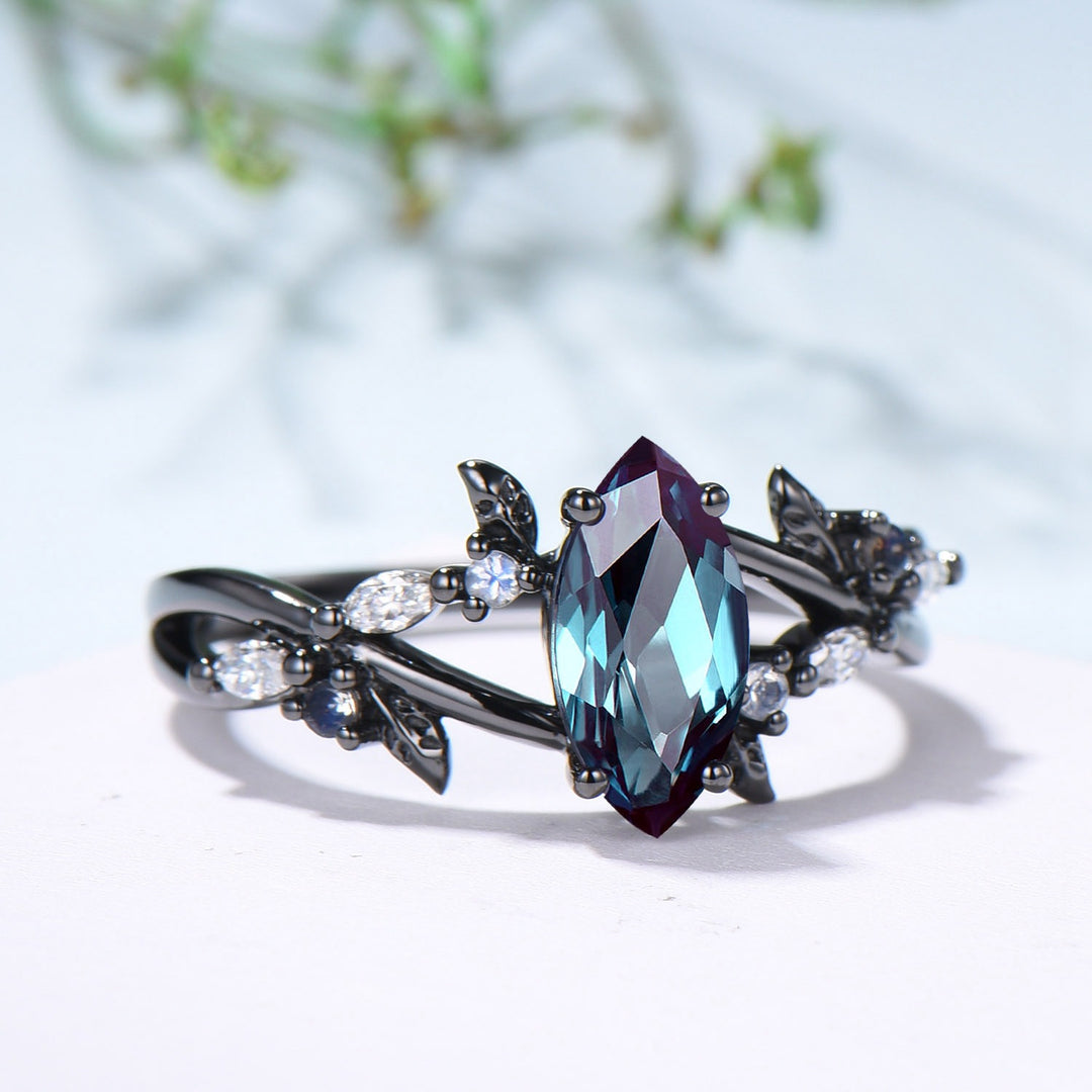 Unique Black Gold Alexandrite Ring Natural Inspired Gothic Marquise Cut Engagement Ring Leaves  Cluster Moonstone Split Shank Wedding Ring - PENFINE