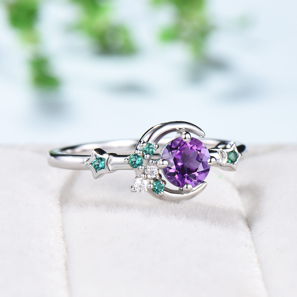 Vintage Crescent moon Amethyst Ring For Women Unique Cluster Star Galaxy Emerald moissanite wedding ring celestial anniversary gift for her - PENFINE