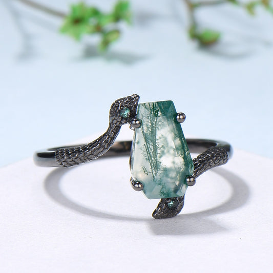 Unique Snake green moss agate engagement ring cold-blooded coffin shaped green stone three stone wedding ring women anniversary promise gift - PENFINE