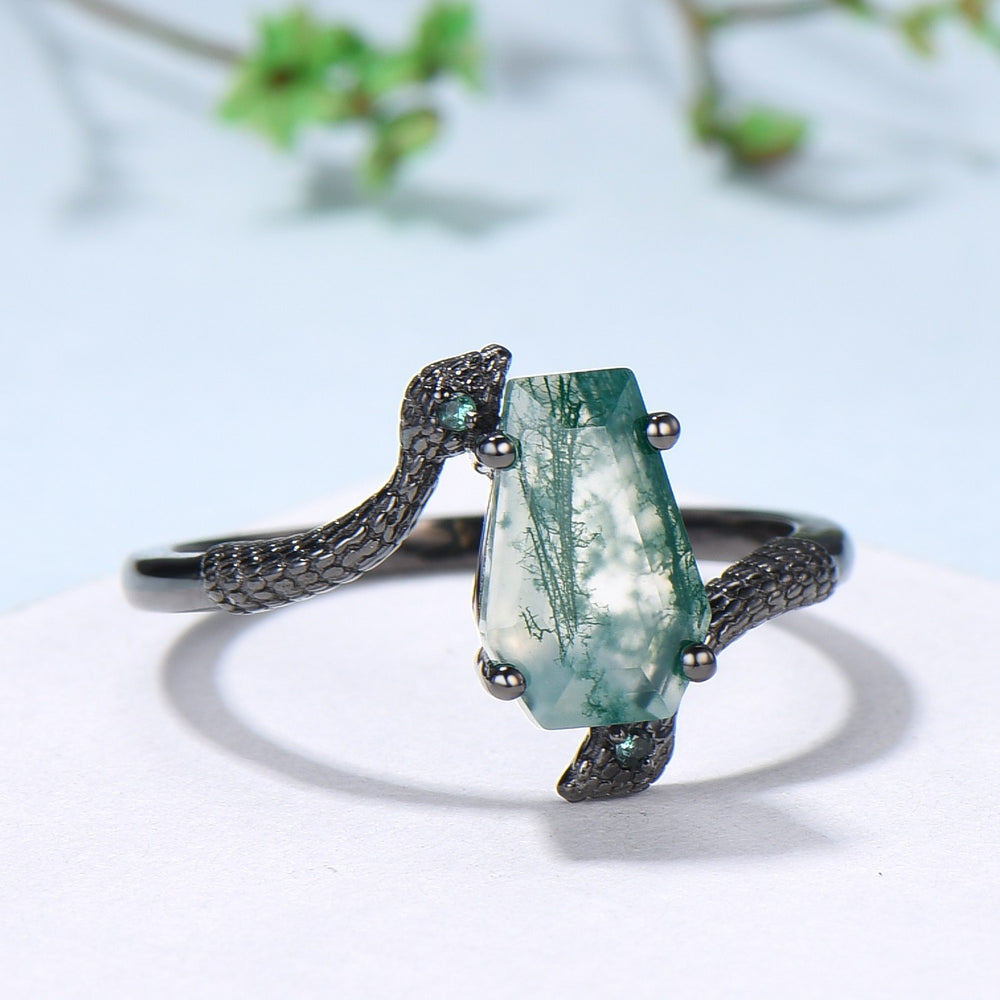 Unique Snake green moss agate engagement ring cold-blooded coffin shaped green stone three stone wedding ring women anniversary promise gift - PENFINE