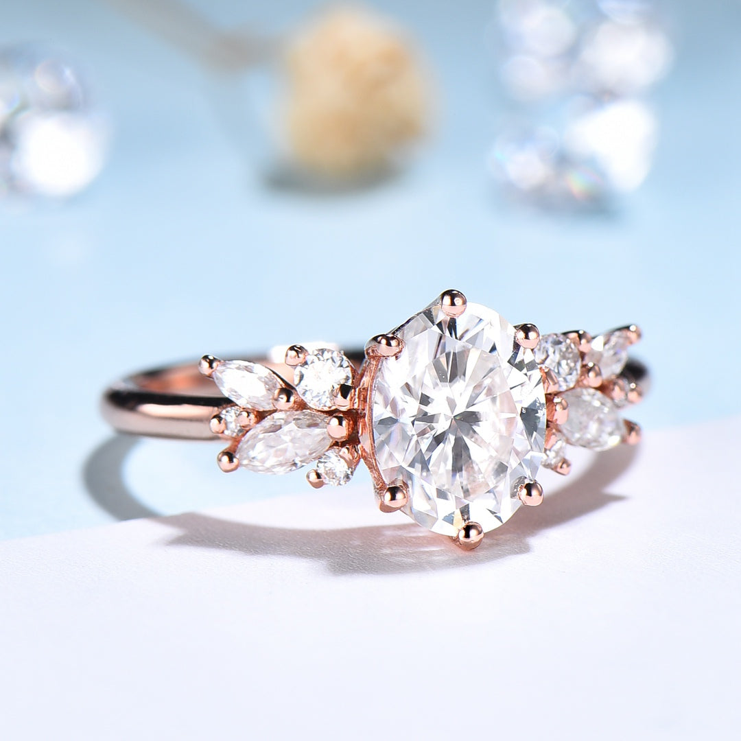 1.5 Carat Oval Lab Grown Diamond Engagement Ring Cluster Marquise Petal Ring