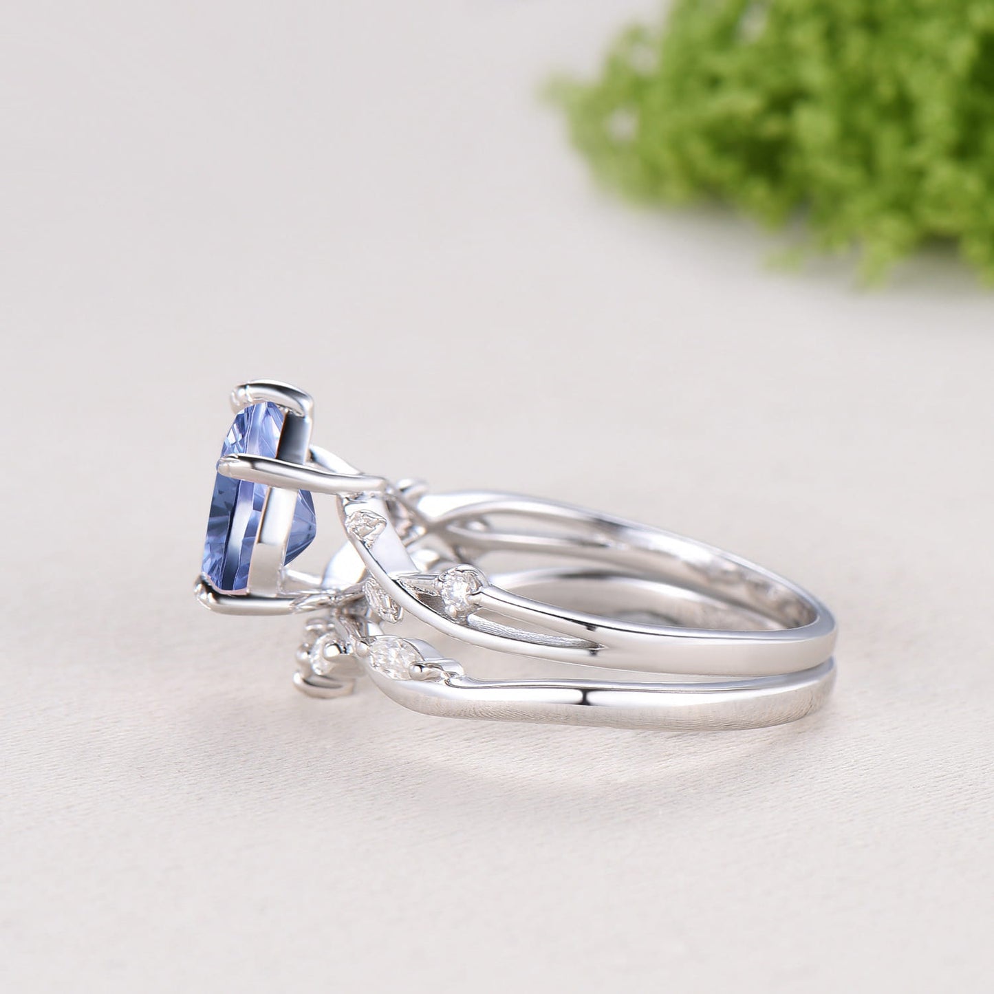 Cornflower Blue Lab Sapphire Engagement Ring Set | Pear Cut Starburst Twig Vine Wedding Set