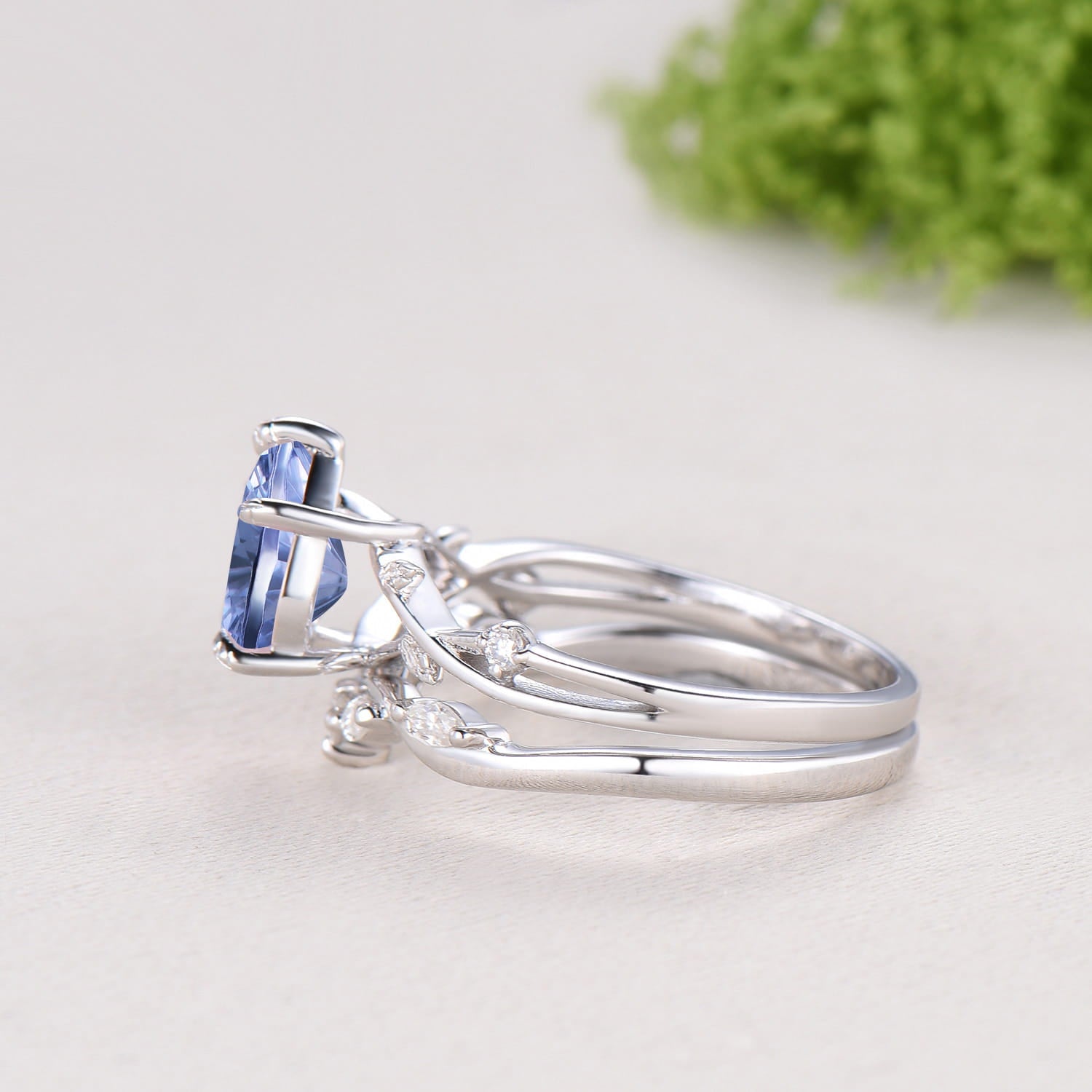 Cornflower Blue Lab Sapphire Engagement Ring Set | Pear Cut Starburst Twig Vine Wedding Set