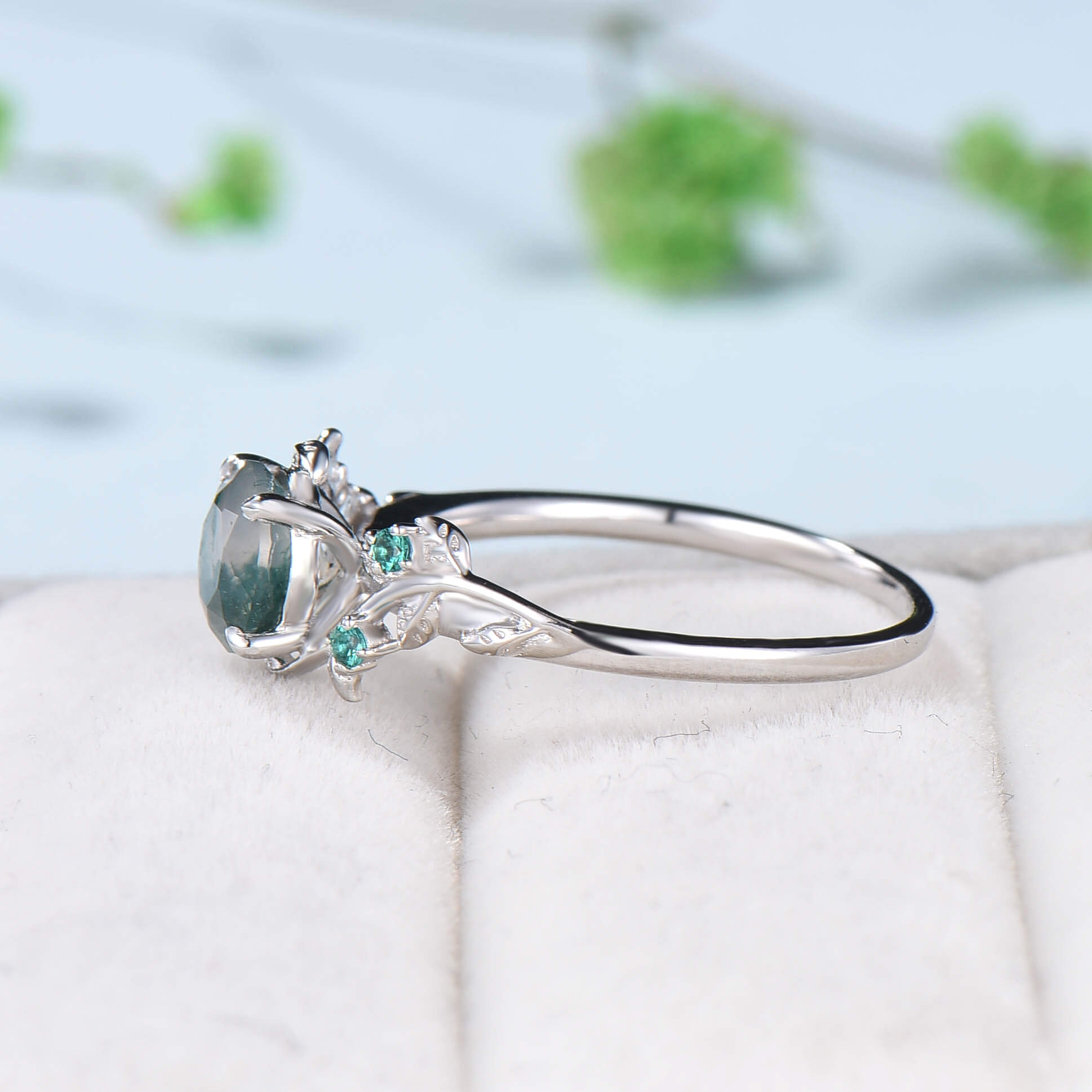 1ct outlet Round Cut Natural Moss Agate Engagement Rings Set 14k Rose Gold Branch Design Solitaire Rings Unique Leaf Wedding Ring Anniversary Gift