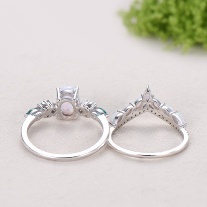 Vintage Art Deco Oval Opal Emerald Bridal Set Cluster Chevron Opal Stacking Ring Set