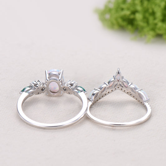 Vintage Art Deco Oval Opal Emerald Bridal Set Cluster Chevron Opal Stacking Ring Set