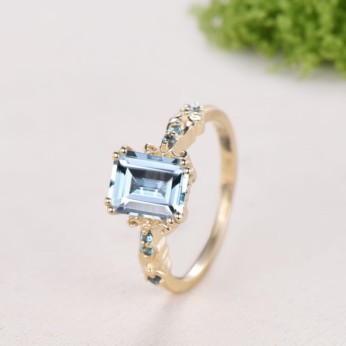 Retro Emerald Cut Aquamarine Ring Vintage Aquamarine Engagement Ring unique 8 prong blue topaz wedding Band Ring Anniversary Gift For Women