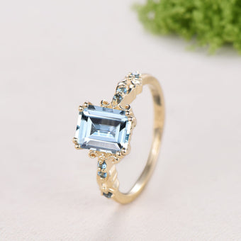 Retro Emerald Cut Aquamarine Ring Vintage Aquamarine Engagement Ring unique 8 prong blue topaz wedding Band Ring Anniversary Gift For Women