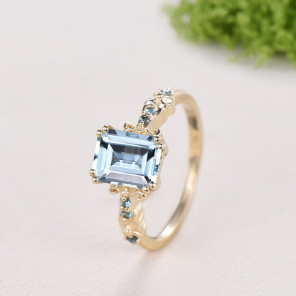 Retro Emerald Cut Aquamarine Ring Vintage Aquamarine Engagement Ring unique 8 prong blue topaz wedding Band Ring Anniversary Gift For Women