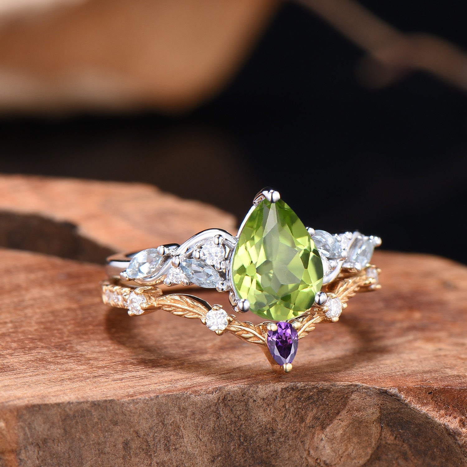 Pear Cut Peridot Engagement Ring Set Nature Inspired Gold Leaf Twig Bridal Set