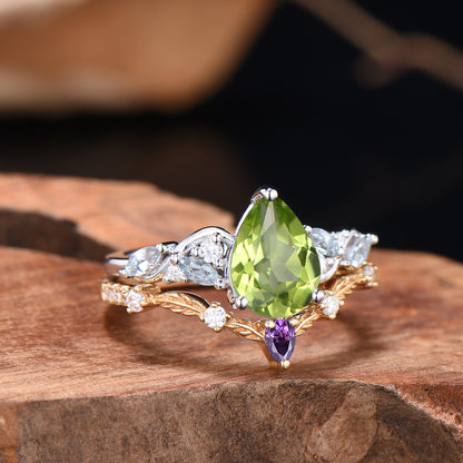 Pear Cut Peridot Engagement Ring Set Nature Inspired Gold Leaf Twig Bridal Set