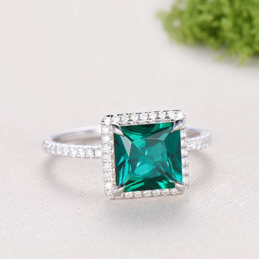 2.5 Carat Princess Cut  Emerald Halo Diamond Engagement Ring 14k White Gold Retro Basket Setting Wedding Bridal Set May Birthstone