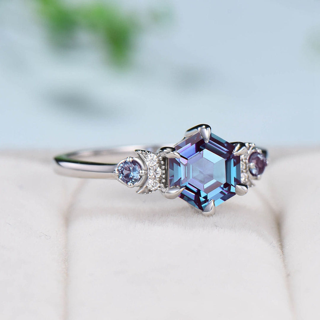 Unique hexagon alexandrite engagement ring Magic celestial moon color change engagement ring vintage crescent wedding ring gift for women - PENFINE