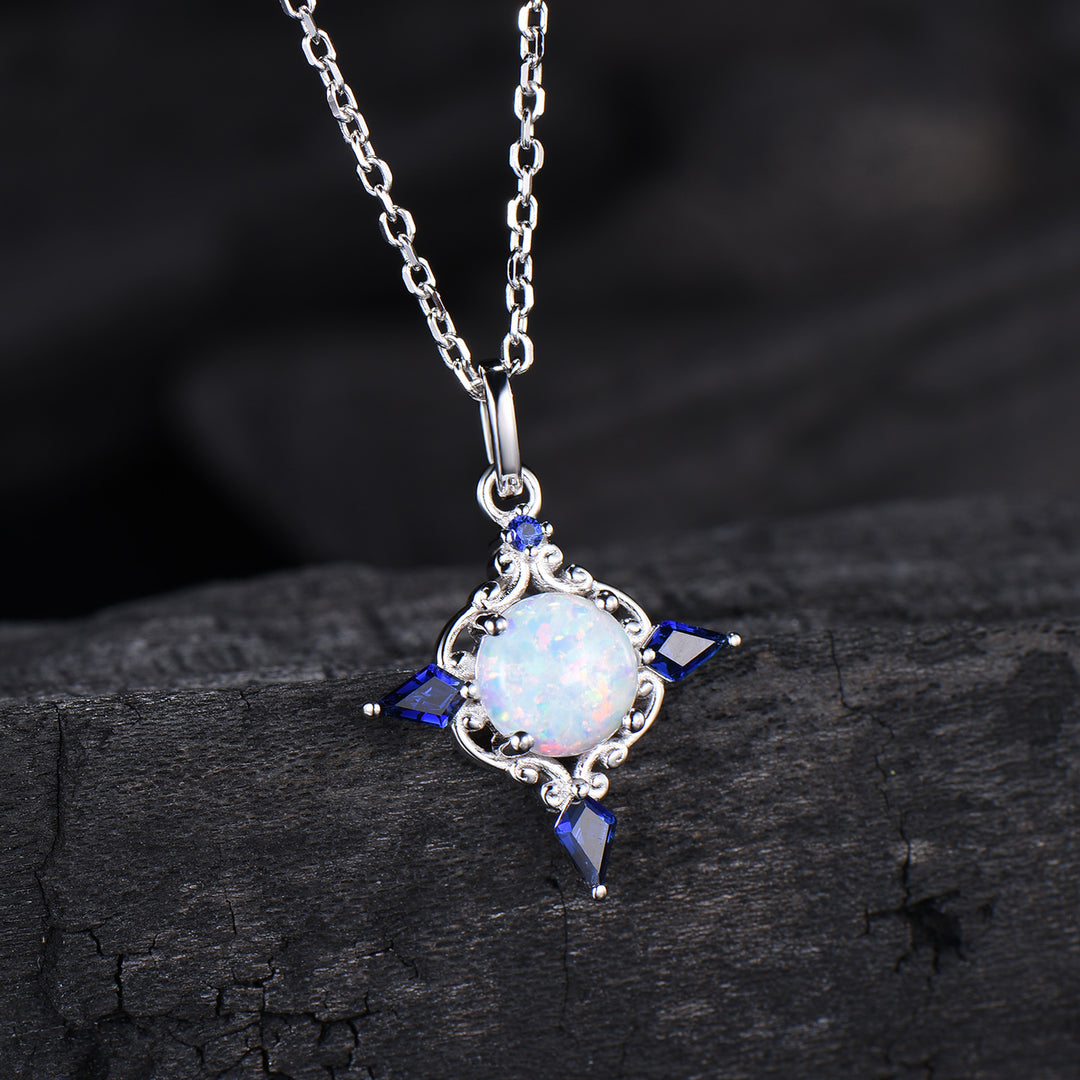 Celtic Knot Opal Pendant Necklace, 14K Rose Gold, Sapphire Accents - PENFINE