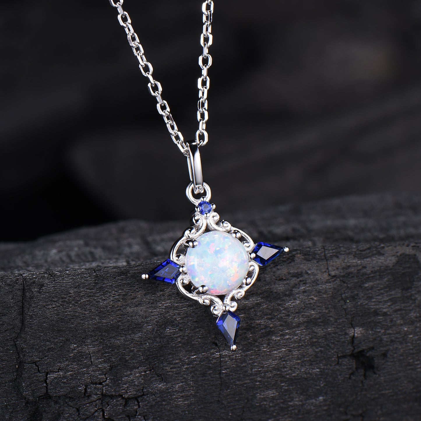 Celtic Knot Opal Pendant Necklace, 14K Rose Gold, Sapphire Accents - PENFINE