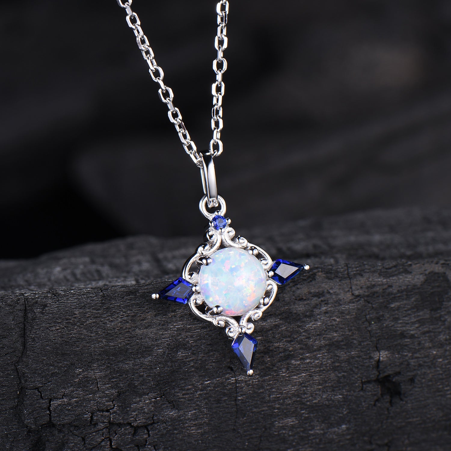 Celtic Knot Opal Pendant Necklace, 14K Rose Gold, Sapphire Accents - PENFINE