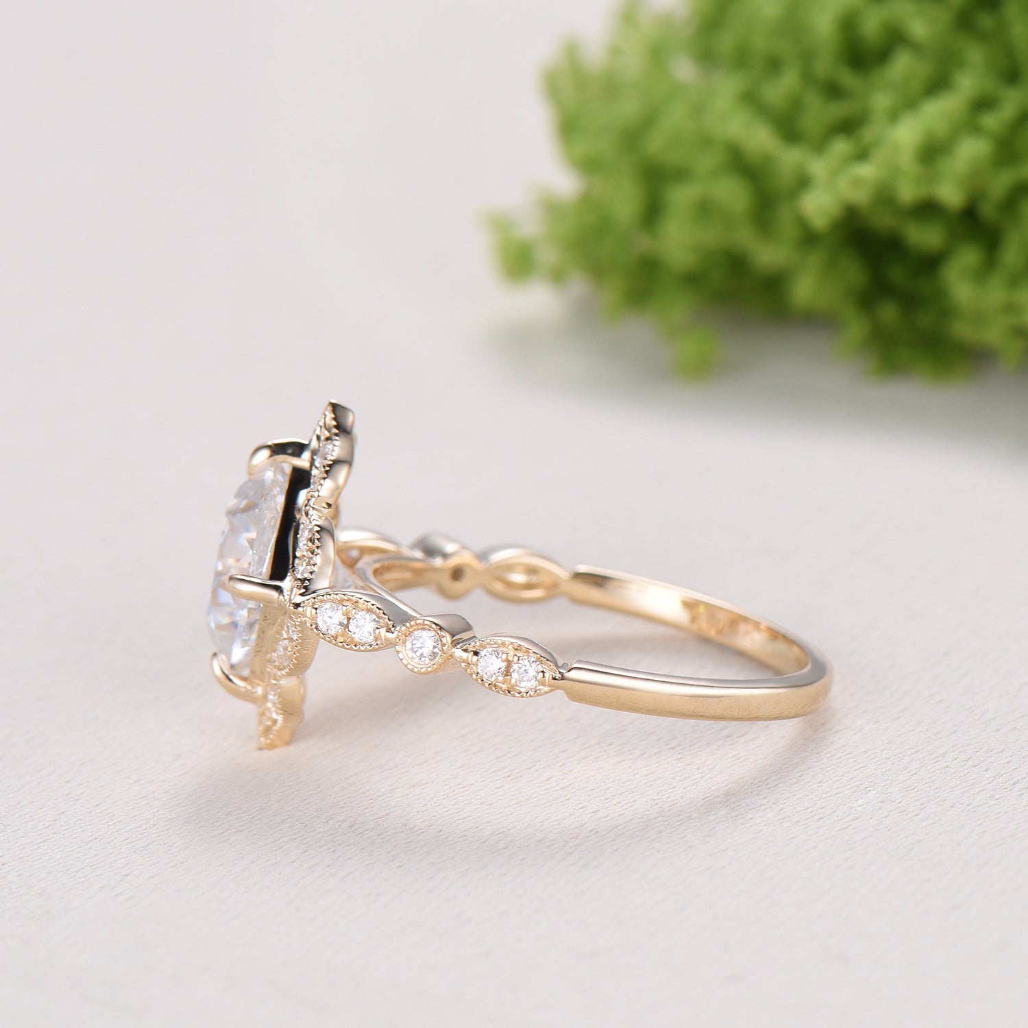 Art Deco Cushion Cut Moissanite Engagement Ring, 14K Yellow Gold Milgrain Marqusie Diamond Band - PENFINE