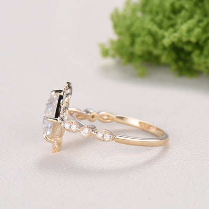 Art Deco Cushion Cut Moissanite Engagement Ring, 14K Yellow Gold Milgrain Marqusie Diamond Band - PENFINE