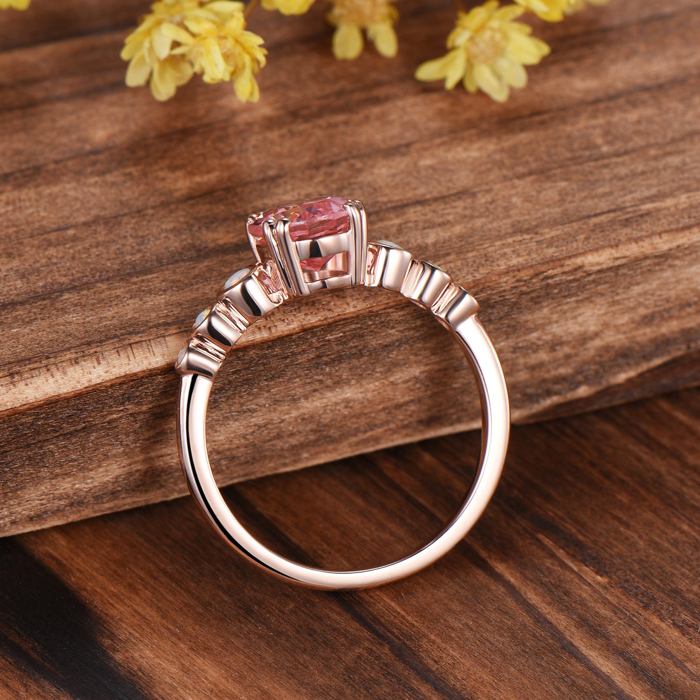 Oval Padparadscha Sapphire Ring with White Opal Band ¨C Engagement Bridal Ring