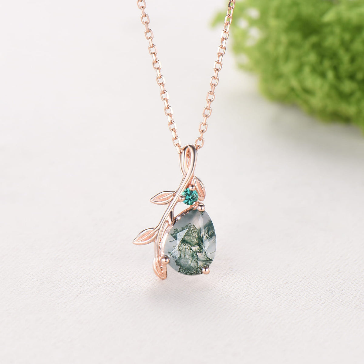 Natural Inspired Pear Shaped Moss Agate Pendant Necklace leaf branch emerald necklace silver rose gold green agate promise anniversary gifts