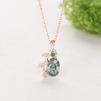 Natural Inspired Pear Shaped Moss Agate Pendant Necklace leaf branch emerald necklace silver rose gold green agate promise anniversary gifts