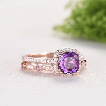 Cushion cut amethyst wedding ring set 14k rose gold vintage antique amethyst engagement ring set for women Art deco halo diamond bridal set - PENFINE