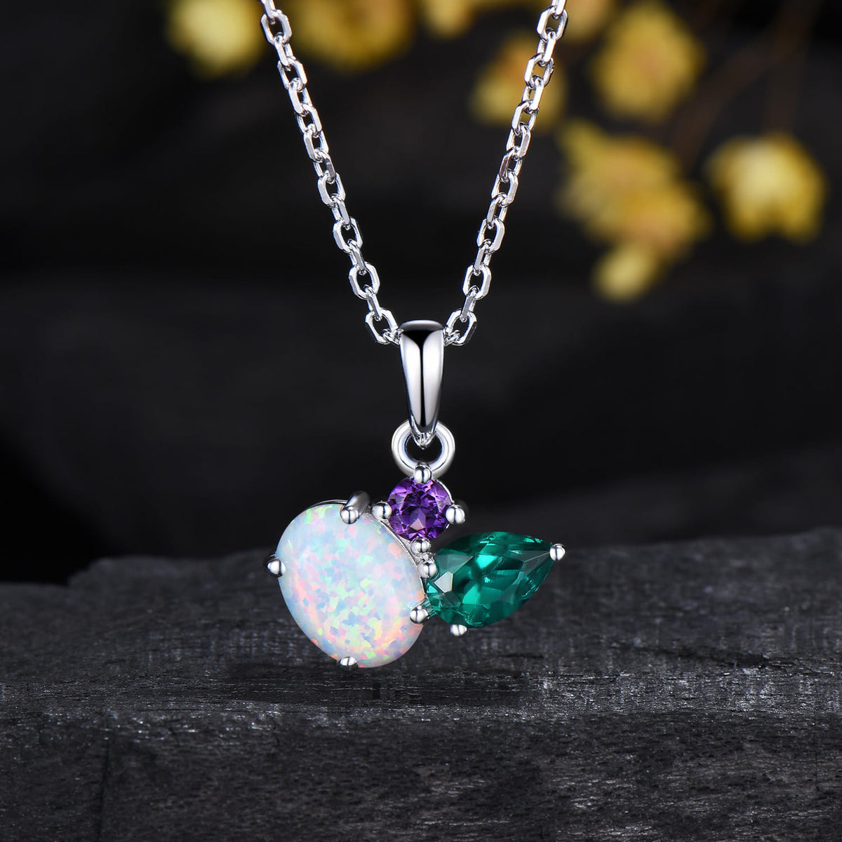 Minimalist Oval Opal Amethyst Emerald Pendant,Three Stone Drop Necklace