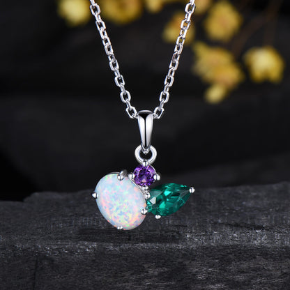 Minimalist Oval Opal Amethyst Emerald Pendant,Three Stone Drop Necklace