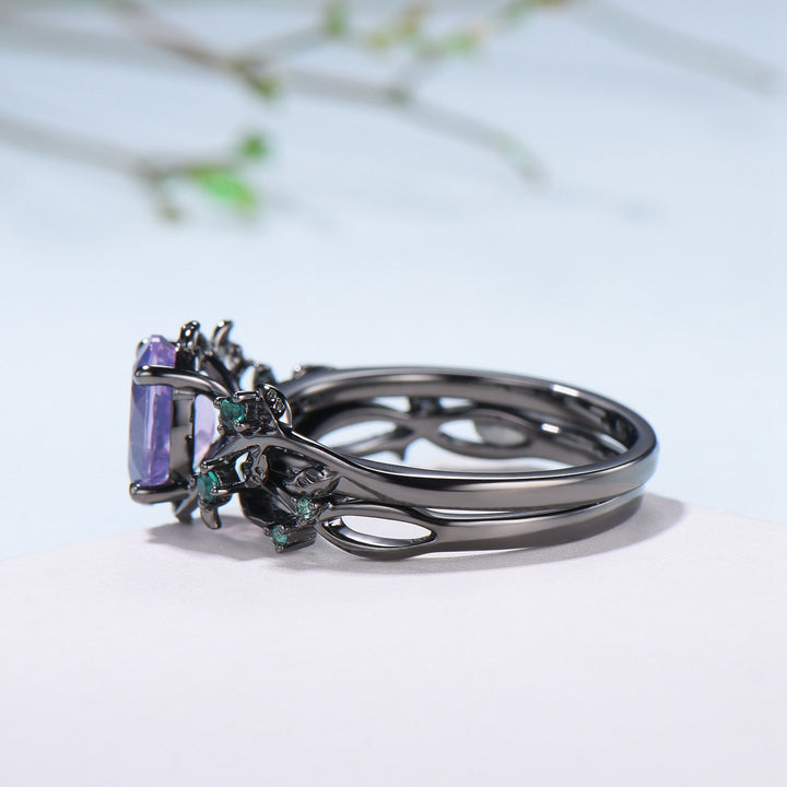 Gothic Oval Lavender Amethyst & Emerald Engagement Ring in Black Gold - Nature Inspired Elvish Vine Band - PENFINE
