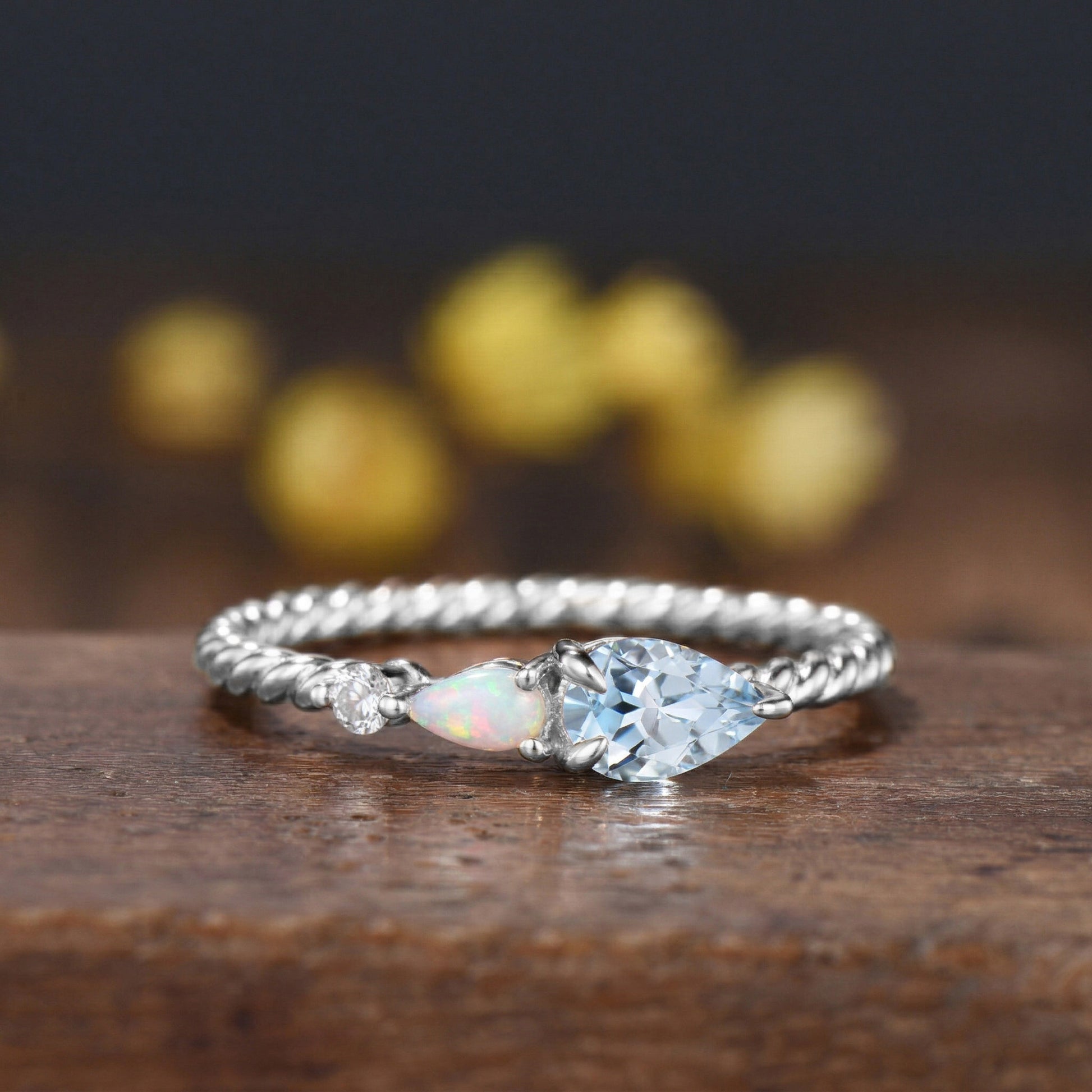 Pear Aquamarine Opal Toi et Moi Ring, Twisted Gold Band, Art Deco Engagement Birthstone