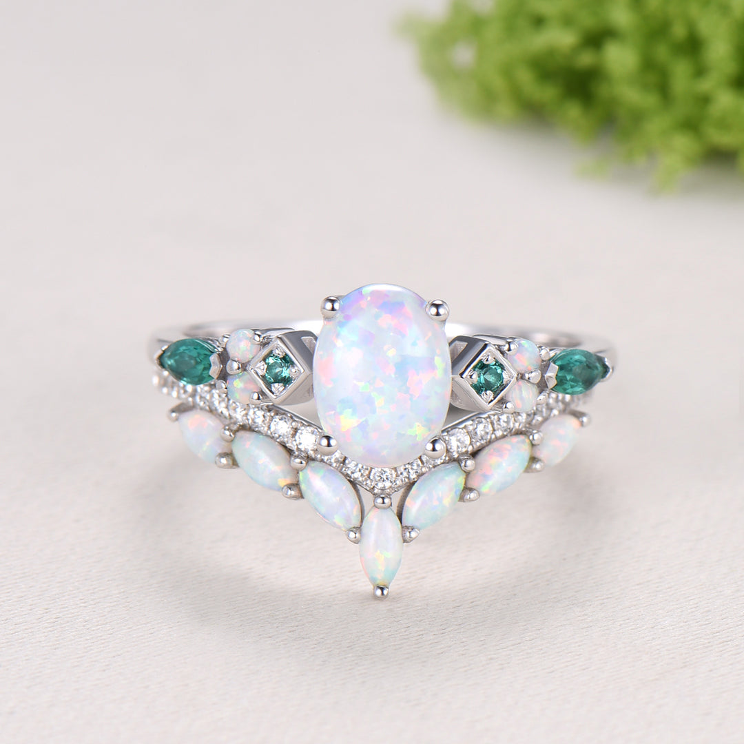 Vintage Art Deco Oval Opal Emerald Bridal Set Cluster Chevron Opal Stacking Ring Set