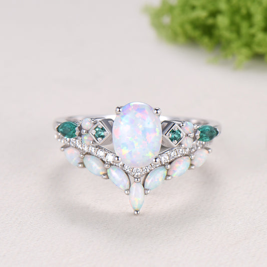 Vintage Art Deco Oval Opal Emerald Bridal Set Cluster Chevron Opal Stacking Ring Set