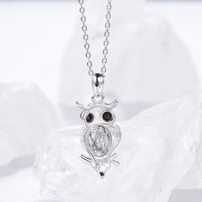 Personalized Owl Pendant Necklace Unique Black Rutilated Quartz Necklace Silver rose gold Pendant Night Cute Owl Animal Inspired Necklace - PENFINE